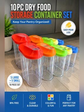 10pc Dry Food Storage Container Set Colorful Pour Lids Brand New
